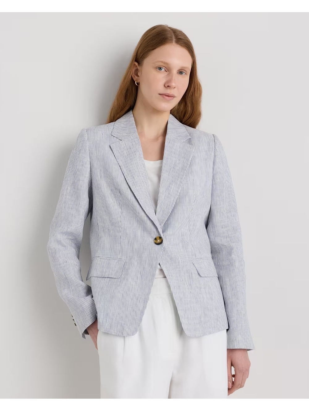 Quince 100% European Linen Structured Blazer Blue Pinstripe Women’s S Preppy
